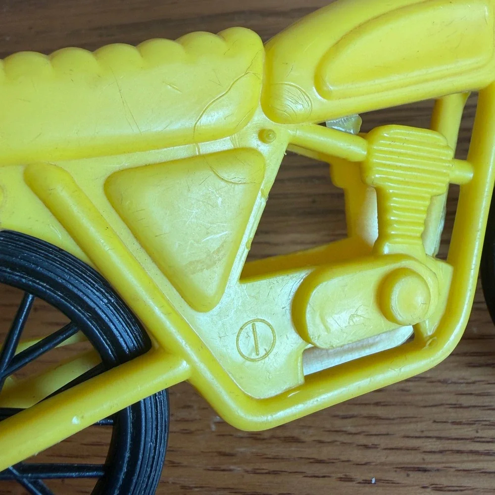 Vintage 1970s Yellow Plastic Toy Motorcycle Dirt Bike Number 4 Racing Retro